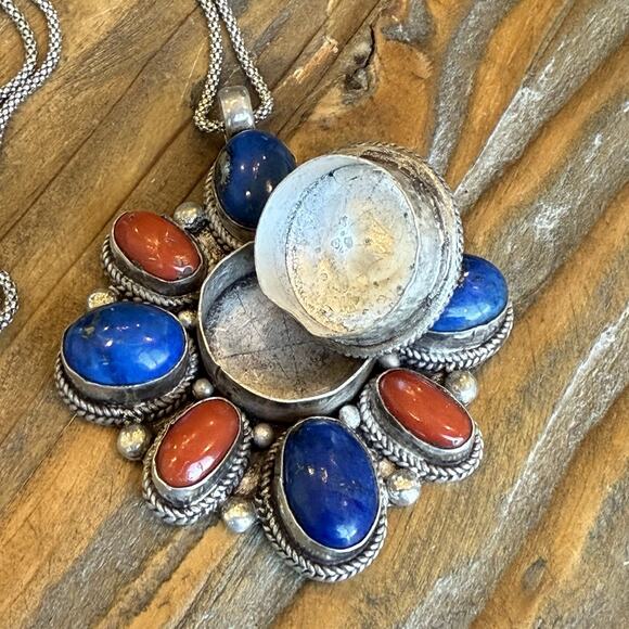 Sterling Silver Lapis Coral Jasper Bali Style Ghau Box Poison Locket Necklace - Picture 6 of 9